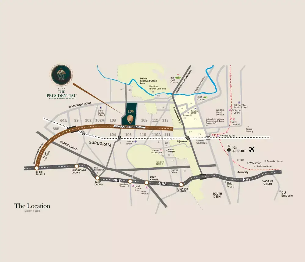 Map showing location advantages of Elan The Presidential Phase 2